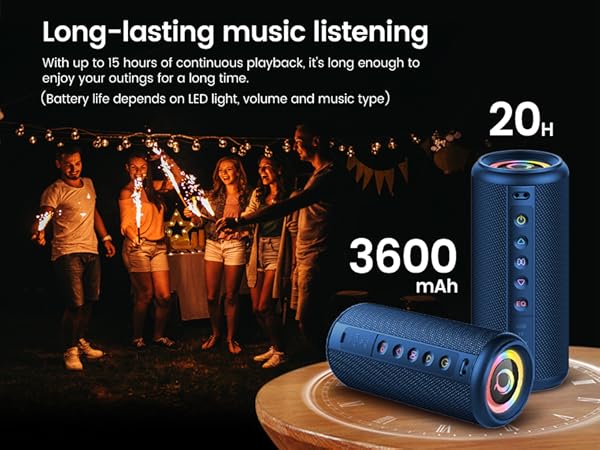 Text reads 'Long-lasting music listening'. Marketing image showing battery capacity of 3600 mAh with 20+ hours duration claim, featuring concert crowd scene.