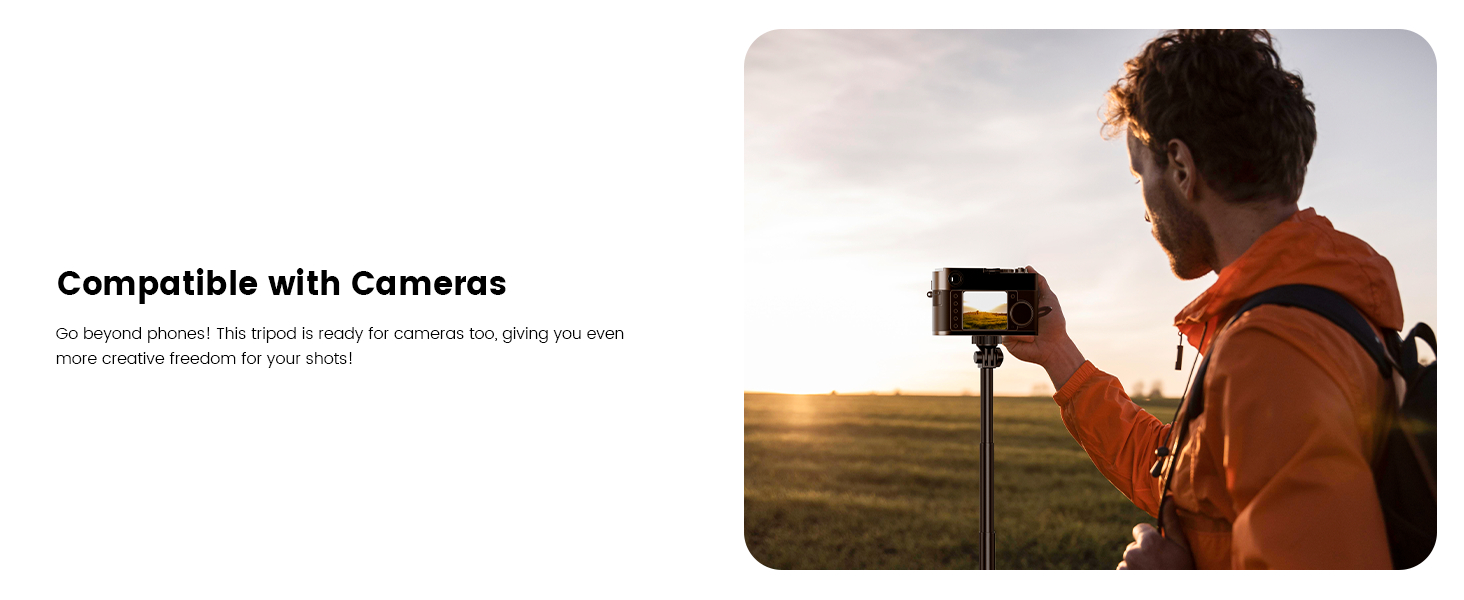 Person in orange hoodie using a compact camera gimbal outdoors at sunset. Text indicates compatibility with cameras.