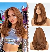 FESHFEN Wigs with Bangs for Women, Synthetic Natural Looking Long Layered Straight Auburn Hair Wi...