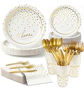 168 Pcs Paper Plates and Napkins Party Supplies, White and Gold Disposable Plates for 24 Guests, ...