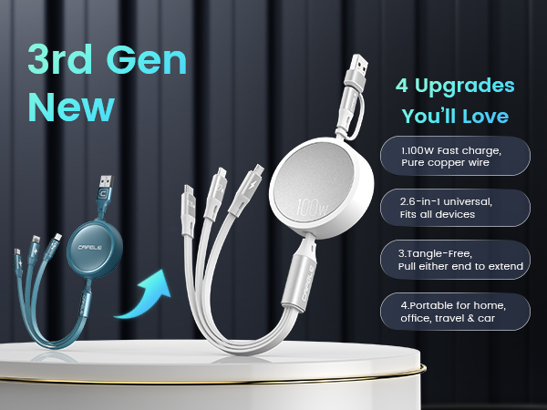 4 new upgration 100W 6-in-1 Fits all devices Tangle-Free Compact Portable, For home, travel, car