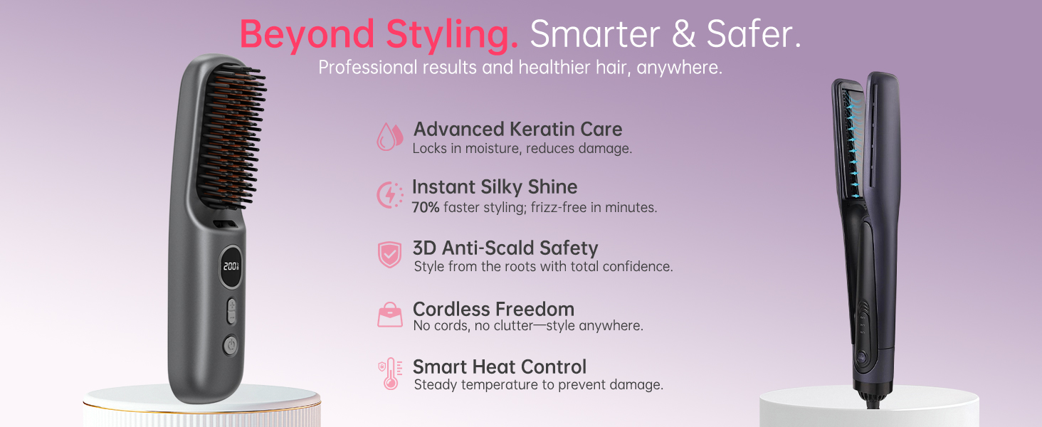 Cordless heated hair brush with smart heat control and anti-scald design.