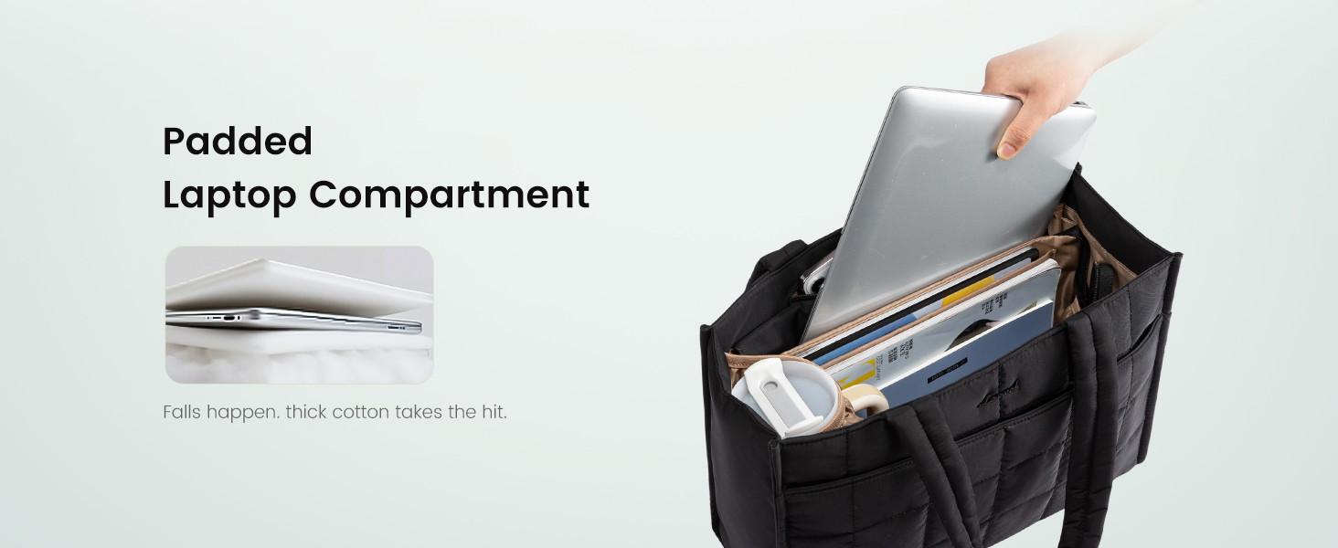 Thick padded laptop compartment protects your device from drops and bumps in this tote
