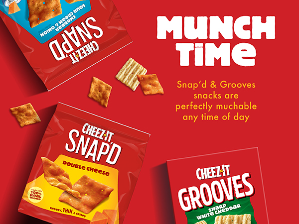 Overhead view of new cheez-it crunch on red background, max crunch bold flavor