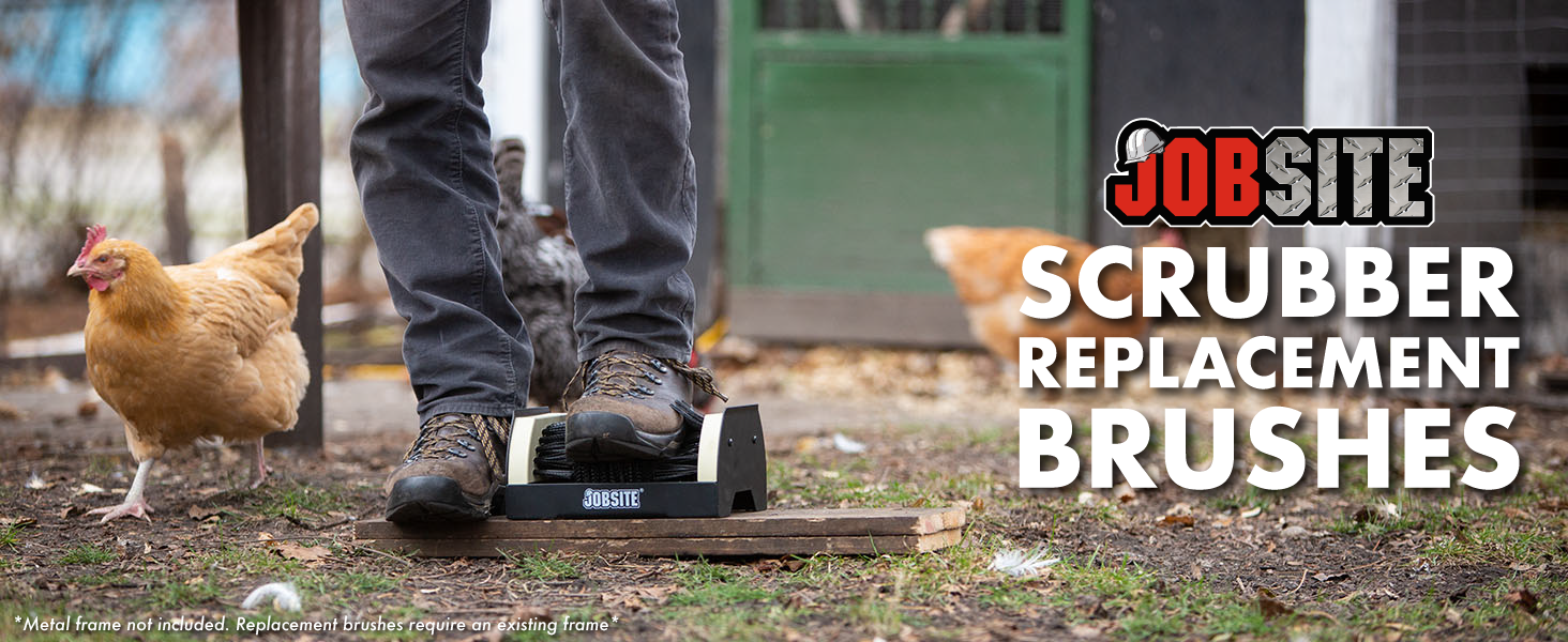 Close up of person wearing hiking boots using scrubber in yard with chicken in background