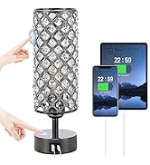 Hong-in Crystal Table Lamp, Black Crystal Lamp with USB C+A Ports, 3 Way Dimmable Light with Crys...