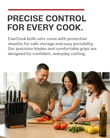 People cooking with EverCook knives. Text: Precise control for every cook.