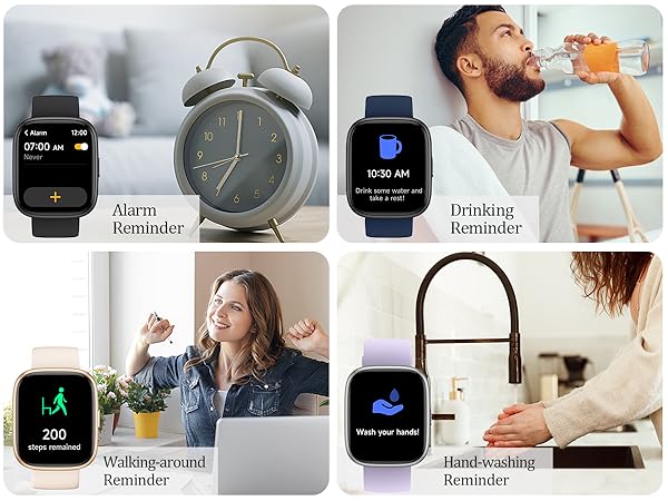 Smartwatch features demonstration showing multiple screens: 'Alarm Reminder', 'Drinking Reminder', 'Walking-around Reminder', and 'Hand washing Reminder' with corresponding lifestyle images.