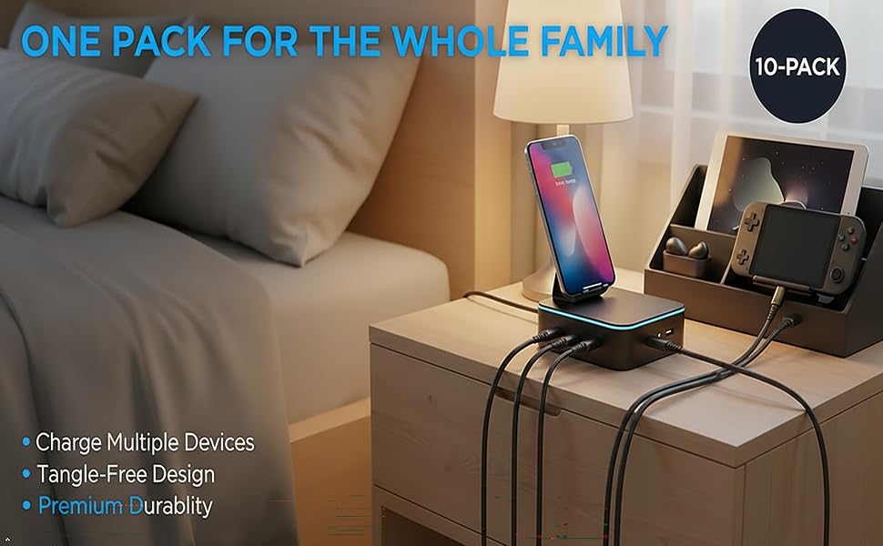 USB-C charging cables powering multiple family devices.