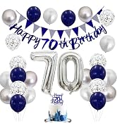 70th Birthday Decorations for Men, Navy Blue Silver 70th Birthday Balloons with Blue Happy 70th B...