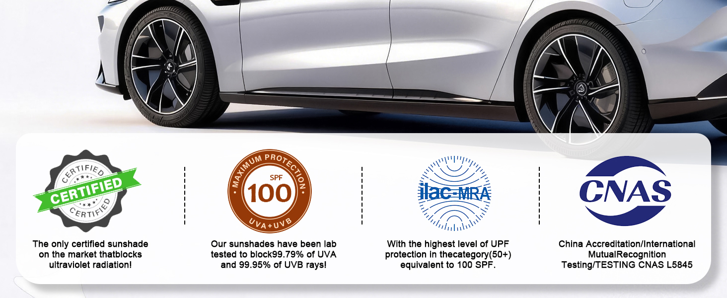 Text includes certification logos for 'GNAS', 'ILAC-MRA', and numerical certification indicators. Shows silver car from multiple angles with certification badges overlay.
