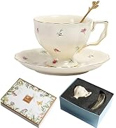 Porcelain Tea Cup and Saucer Set, 8.5 oz/250 ml Ceramic Coffee Mug with Saucer and Spoon, Vintage...