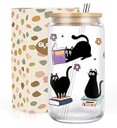 GSPY Black Cat Glass Cup, Funny Gifts for Cat Lovers & Book Lovers - Cute 16 oz Cat Themed Iced C...