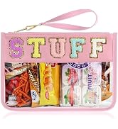 TESAFNG Snack Bag for Travel - Clear Chenille Varsity Letter Flat Pouch with Zipper, Waterproof C...
