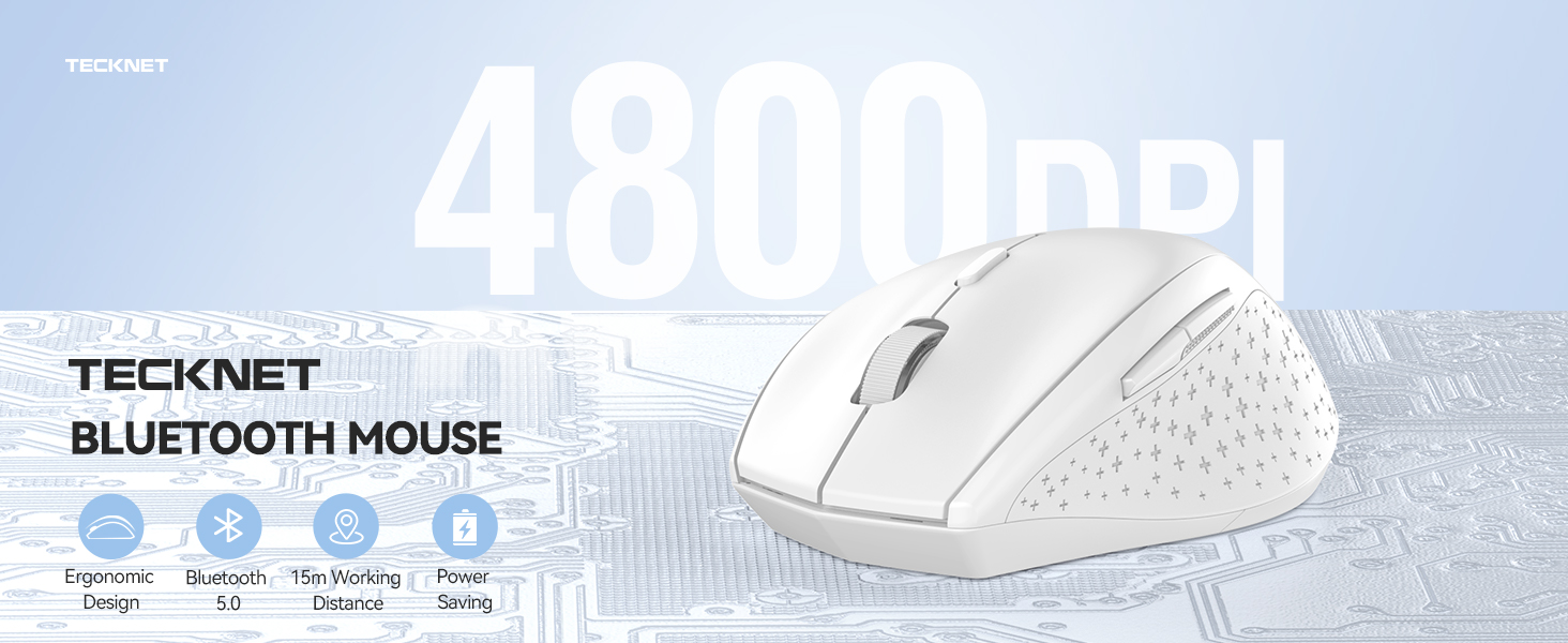 White wireless Bluetooth mouse by Tecknet featuring 4800 DPI capability, shown on light blue background with technical specifications.