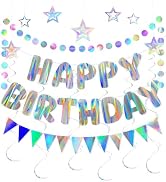 Iridescent Birthday Decorations with Holographic Pre-Strung Happy Birthday Banner, Swirl Streamer...