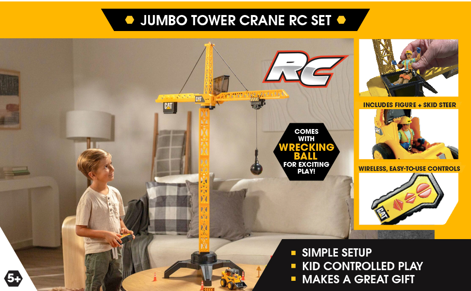 A cat construction vehicle toy rc crane with a boy holding a remote control and an action figure