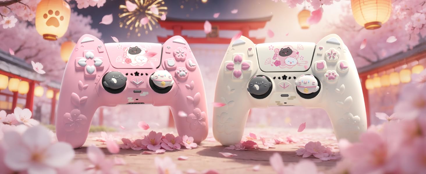 PlayVital for PS5 Controller Cover Skin - Cherry Blossoms Kitten Anti-slip Grip Skin