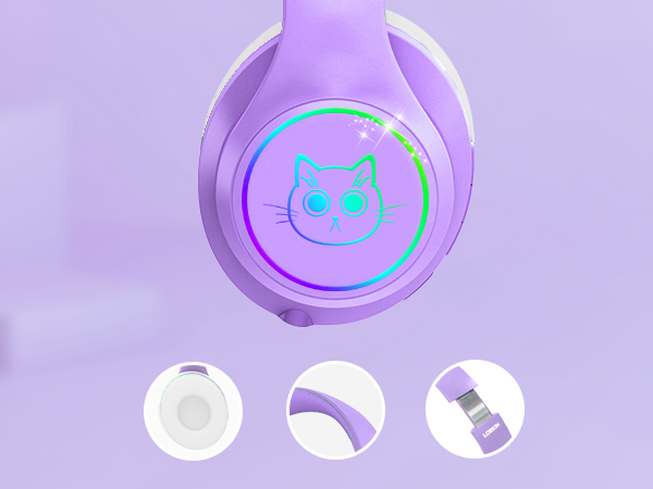 Purple wireless headphones with illuminated cat design, showing three detail views of foldable and adjustable features.