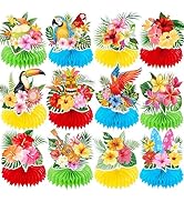 12 Pieces Tropical Luau Honeycomb Table Centerpieces, Colorful Hibiscus Flowers, Parrot with Mult...