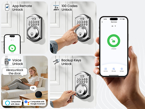 Supports 4 ways unlock, including APP remote unlock, password unlock, key unlock, and voice unlock