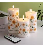 Girimax Sunflower Flameless Pillar Candles with Remote, Fall LED Wax Candles Battery Powered Flic...
