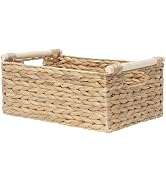 Water Hyacinth Wicker Storage Basket, Rectangular Handwoven Shelf Organizer with Wooden Handles f...