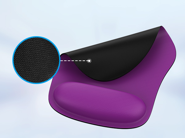 Purple ergonomic wrist rest for computer use. Features a black textured top surface and a contoured shape for comfort.