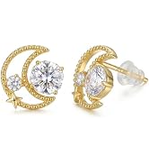 Moon Stud Earrings for Women, Dainty CZ Flower Earrings, 925 Sterling Silver Post Hypoallergenic,...