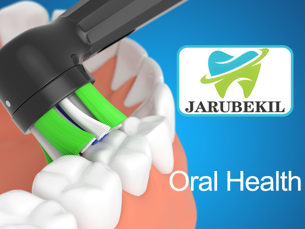Text reads 'Oral Health' and 'Barcelead'. Demonstration sequence showing proper dental flossing technique with green-handled floss tool.