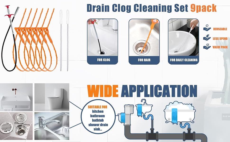 Drain Snake and Drain clog remover for wide application for drain, sink, tub, sewer, hair