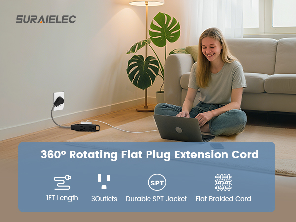 360° Rotating Flat Plug Extension Cord