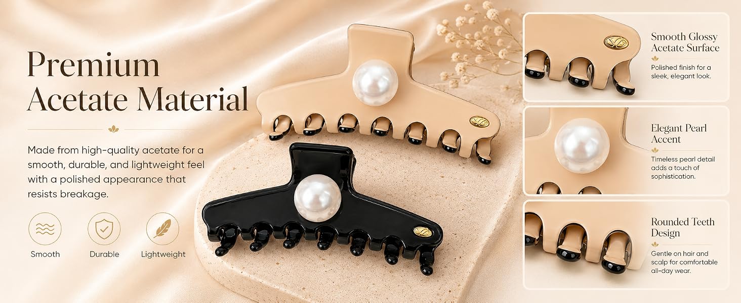Premium acetate pearl claw clips with smooth glossy finish and rounded teeth