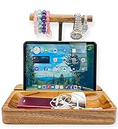 WRIGHTMART Acacia Wood Dual Headphone Stand, Headset Stand with Storage Tray, Heavy Duty Holder f...