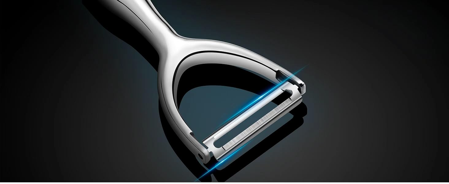 This potato peeler has ultra-sharp double-sided blades, rotating for thin peels