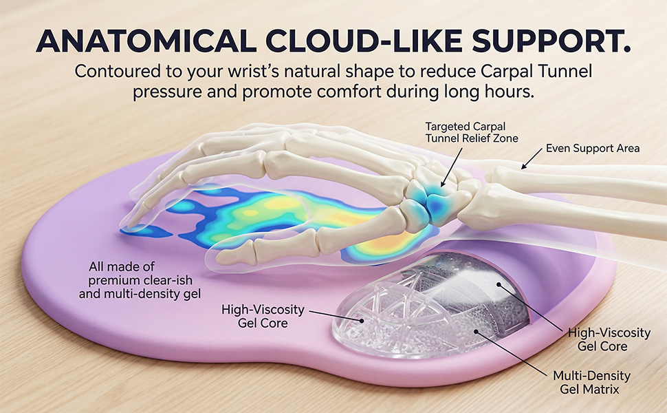 Gel wrist rest mousepad designed for carpal tunnel relief and easing wrist pain at work.