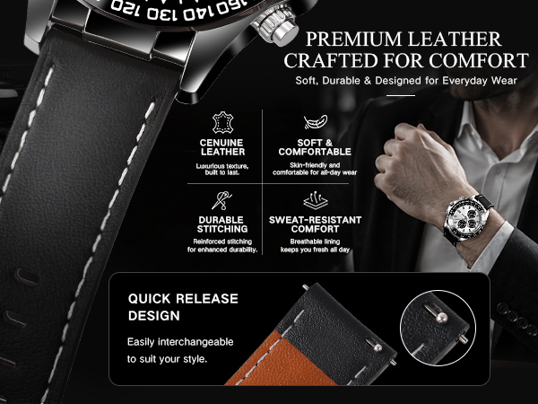 Casotime Watches for Men Leather Band Chronograph Silver and Black
