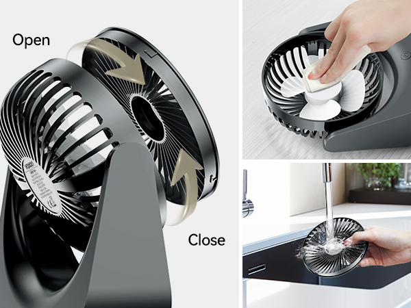 Portable fan with openable design. Shows fan blades, how to open it, and its use for cooling on a surface.