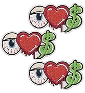 U-Sky Iron on Patches, 3pcs Iron-on Patch Eye Ball Money Heart for Jeans Clothing, Size: 2.6x1.3inch