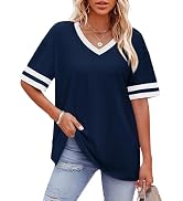 WIHOLL Womens T Shirts Loose Fit Short Sleeve Tees V Neck Color Block Summer Tops 2026 Fashion