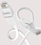 White flat ethernet cable with RJ45 connectors on both ends, showing flexible design with one connector at straight angle and other bent at 90 degrees.