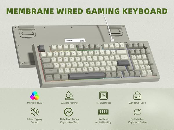 Wired Gaming Keyboard Creamy Membrane with Rainbow RGB Backlight - Quiet,Volume Knob,Retro Keycap