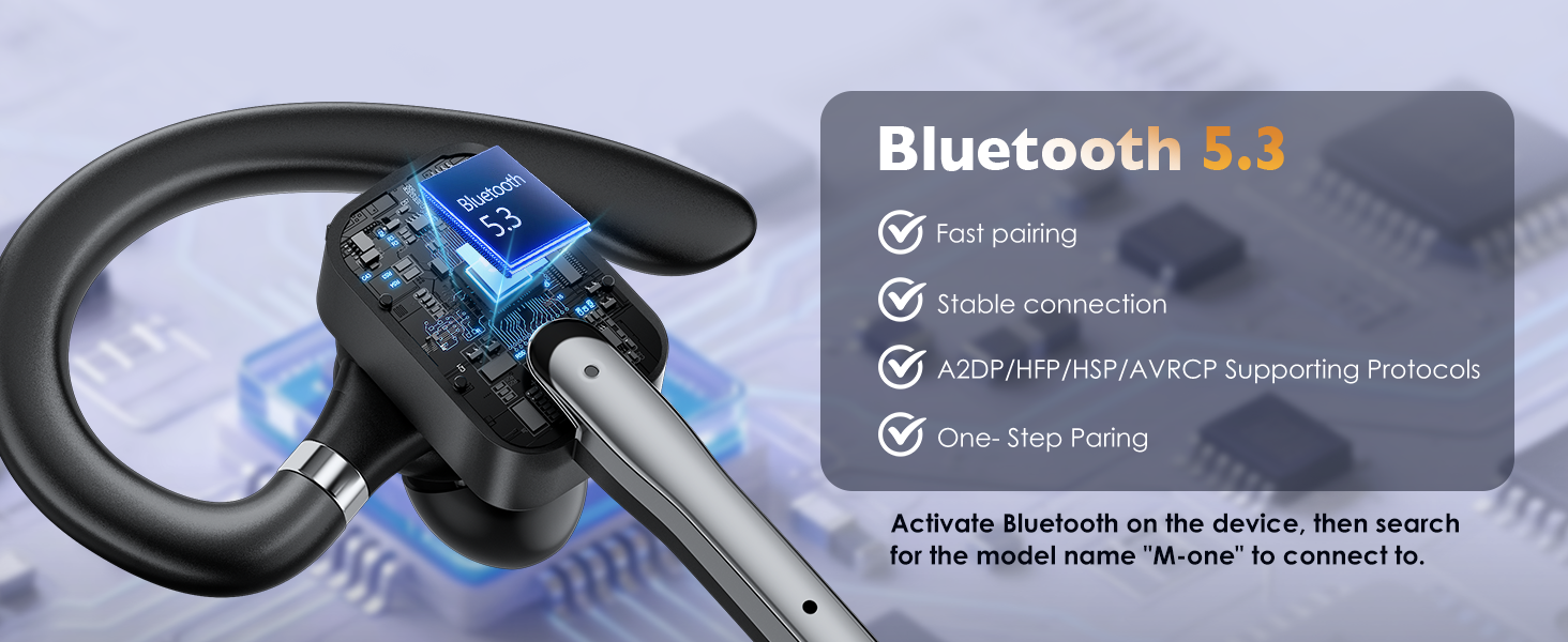 Text reads 'Bluetooth 5.3' with bullet points listing 'HD Audio', 'Quick Pairing', 'Seamless Bluetooth Auto-Pairing to connect', and 'One-Step Pairing'. Bluetooth headphones device shown.
