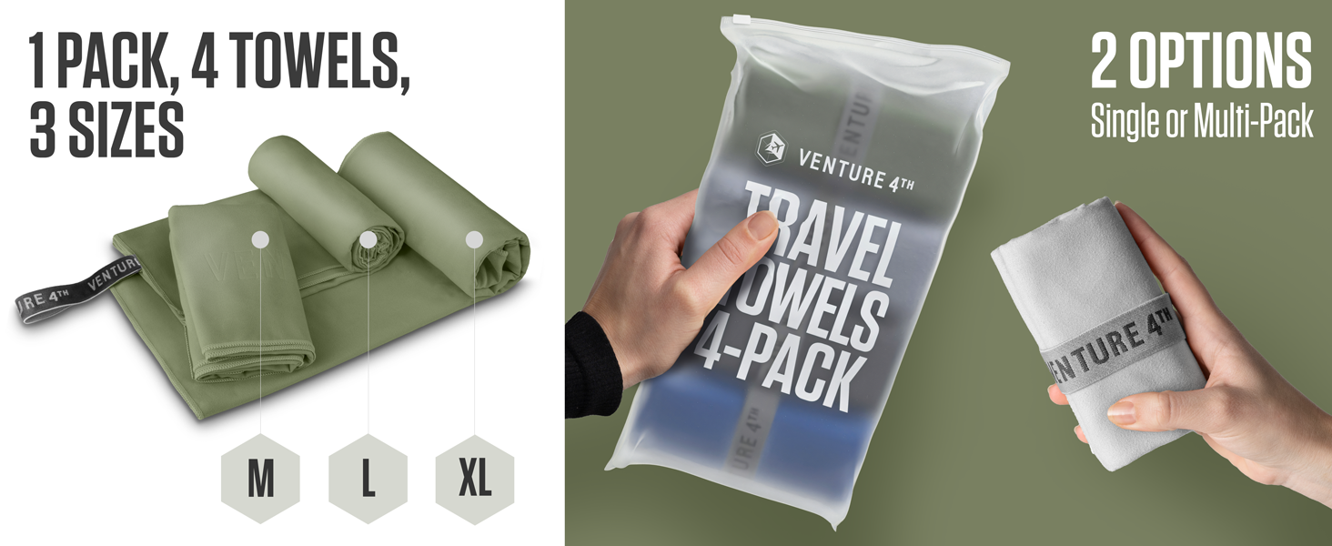 Travel Towels in 3 Sizes and Multiple Colors