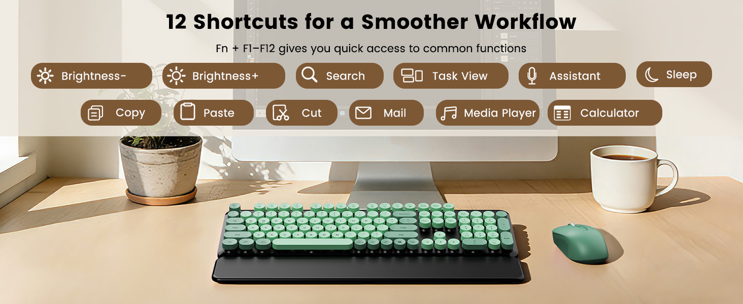 Green Black round-key keyboard and mouse with wrist rest shown below shortcut key functions.