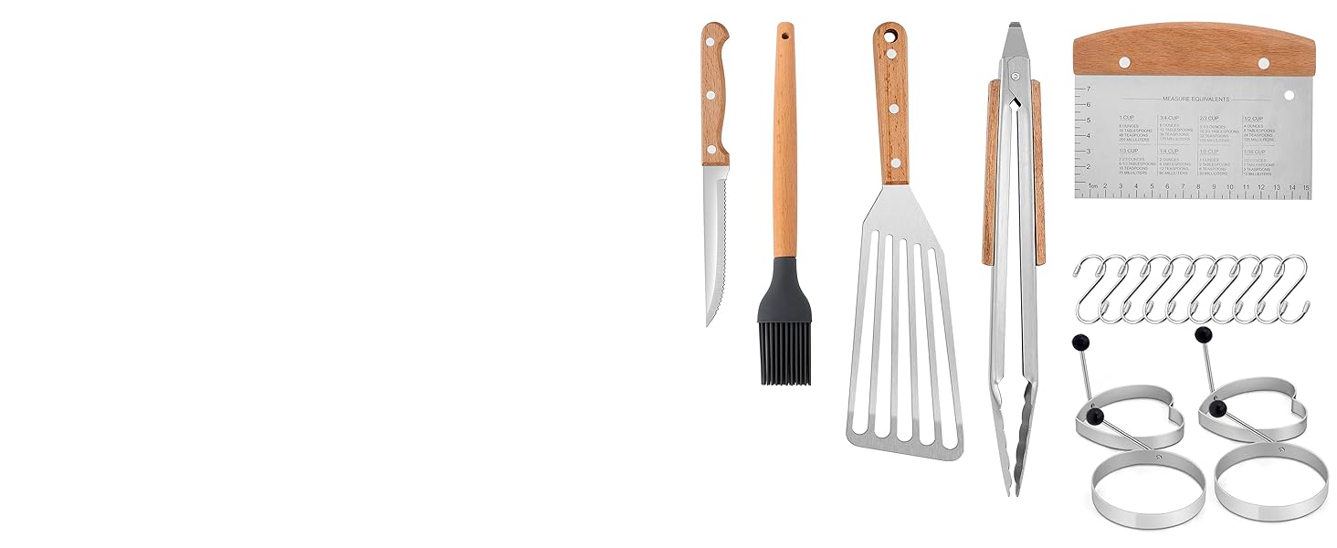 Wooden steak knifem, sauce brush, fish spatula, BBQ tong, Chopper, egg ring
