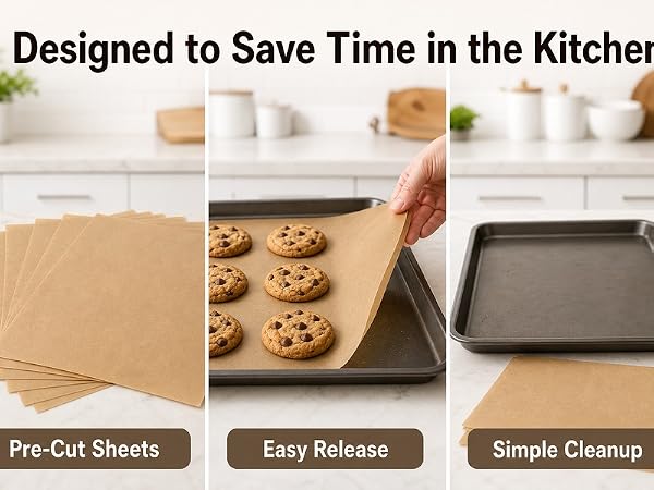 parchment paper sheets showing pre-cut size, non-stick baking support, and easy cleanup.
