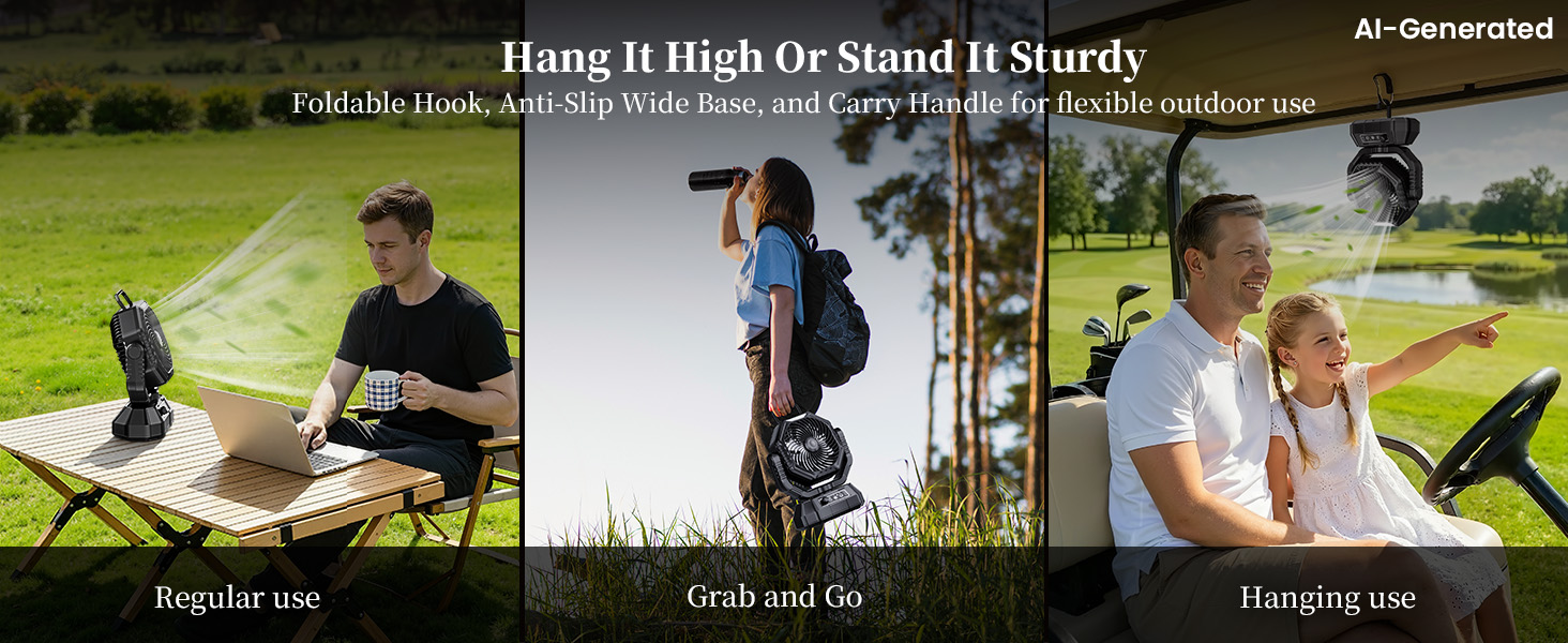 Rechargeable fan camping: hang high or stand sturdy with foldable hook and anti-slip base