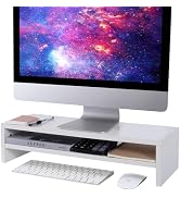 BEYGORM Monitor Stand Riser White, 21.6 inch 2 Tiers Wood Desk Shelf Computer Screen Stand with S...