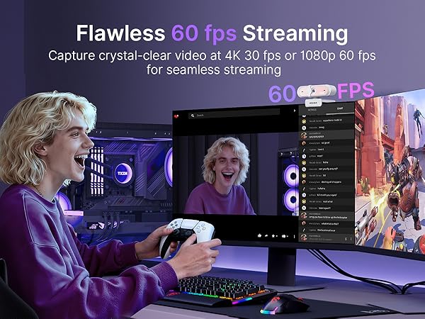 A gaming streamer uses this 60FPS webcam for smooth, stable streaming.
